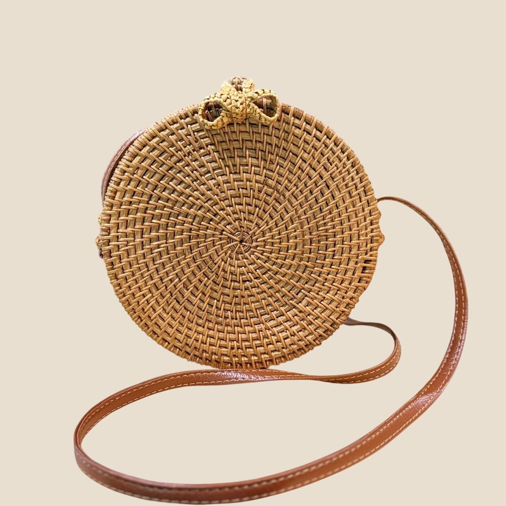 Round Woven Rattan Crossbody Bag Natural Tan Wicker Circle Purse‎ Floral Lining